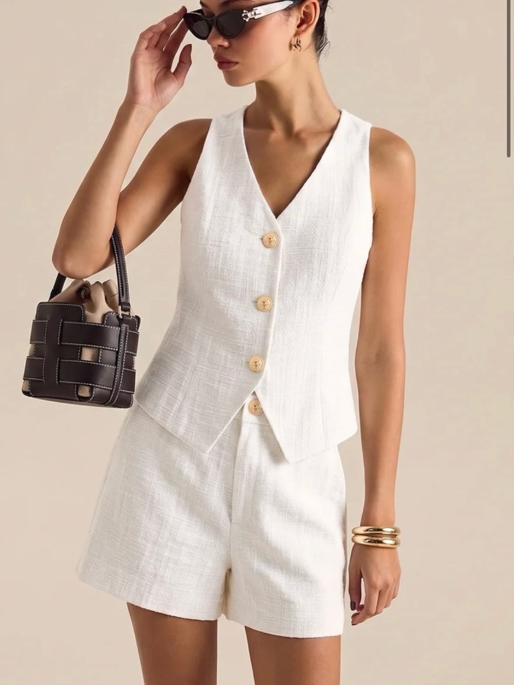 Commense White Textured Linen Vest & Shorts Set